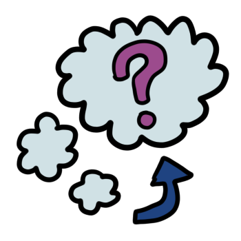 a thought bubble with a purple question mark in the center is pointed at by a blue arrow